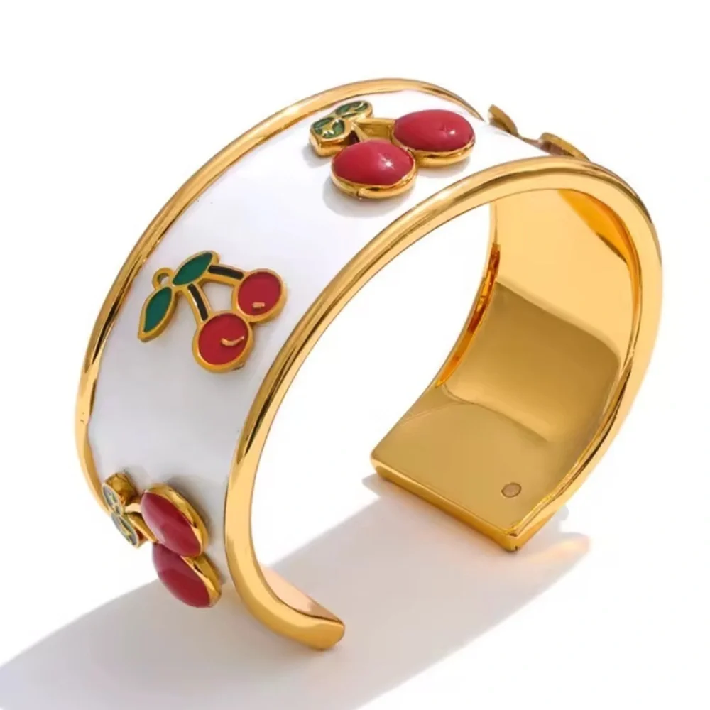 Red Cherry 18K Gold Stainless Steel Enamel Bangle Bracelet
